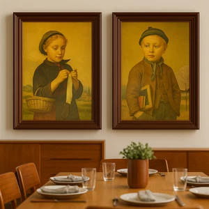 Pair of Vintage Albert Anker 1959 Reproduction Prints Girl Knitting Schoolboy - Picture 1 of 18