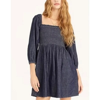 J.Crew Smocked Puff Sleeve Cotton Chambray Short Mini Dress Women's Medium - Image 1 of 4