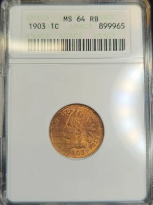 1903 INDIAN HEAD CENT ANACS GRADED MS64RB RED BROWN NICE COIN 1C SOAPBOX  - Image 1 of 3