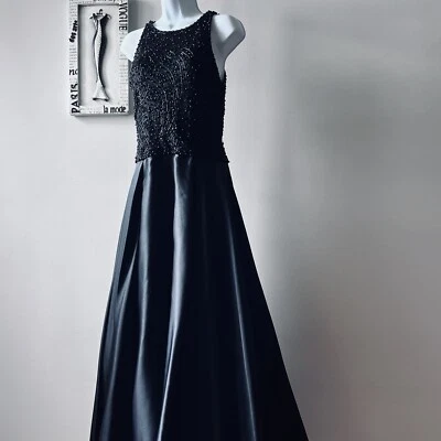 Vestido de baile formal vintage negro de seda con cuentas corbata negra talla 10 Foto 1 de 4