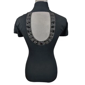 Vintage Y2K Sweater Black Beaded Cutout High Neck Short Sleeve Sexy Size Medium - Picture 1 of 7