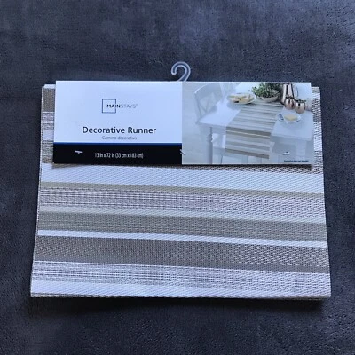 Mainstays Striped White/Beige Decorative Table Runner Size 13" x 72" NEW - Image 1 of 4