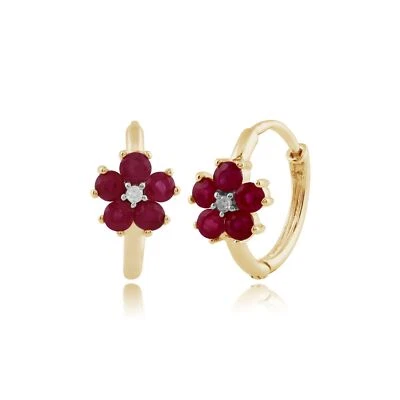 Floral Round Ruby & Diamond Hoop Earrings in 9ct Yellow Gold - Image 1 of 4