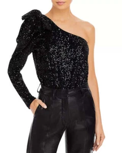 Aqua Sequined Bow One Shoulder Bodysuit, Size Large - Picture 1 of 6