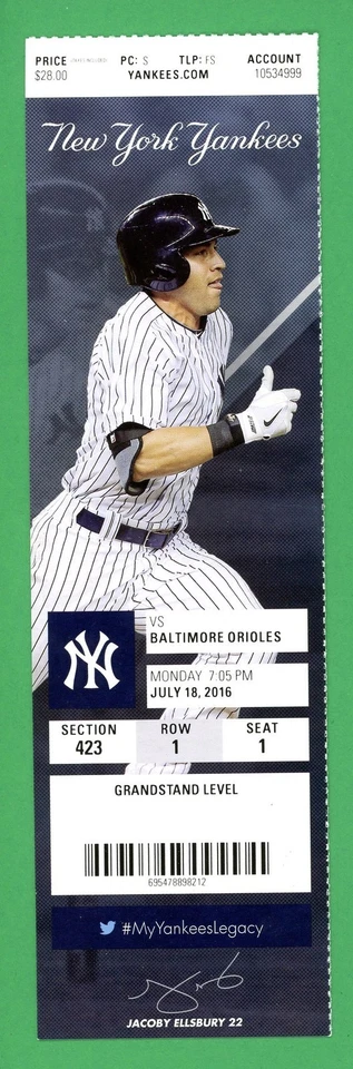 Alex Rodriguez Arod Last Career Home Run #696 Mint Ticket 7/18/16 Ellsbury - Image 1 of 1