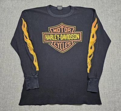VTG Harley Davidson Shirt Mens 2XL Black Thermal Long Sleeve Flames Bar Shield - Image 1 of 4