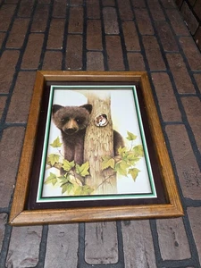 Frank Massa Bear Cub with Squirrel Print in Wood Shadow Box Frame 15x12 - Picture 1 of 4