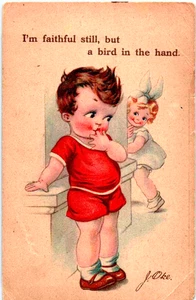 Comic - Junge flirtet mit kleinem Mädchen - Künstler signiert - um 1908 - Bild 1 von 2