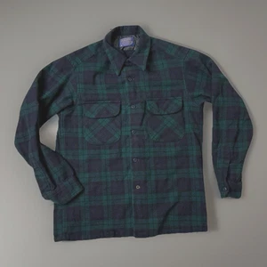 Vintage Pendleton Board Shirt Green Plaid Wool Loop Collar 60s 70s Mens Medium - Picture 1 of 8
