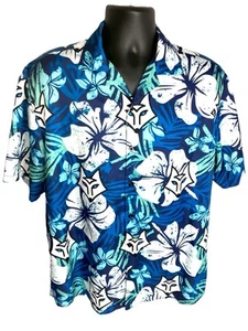 Hidden Crypto Fox Hawaiian Floral Blue White Polyester Button Down Shirt Mens XL - Picture 1 of 7