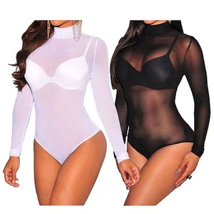 New Ladies Women Turtle Polo Neck Sheer Mesh Long Sleeve Leotard Bodysuit 8-14 - Picture 1 of 3