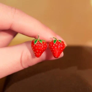 Fashion Red Strawberry Enamel Ear Stud Earrings Women Wedding Party Jewelry Gift - Picture 1 of 8