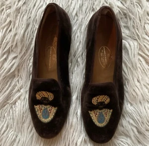 Stubbs & Wootton braun Samt schwarzamoor afrikanische Stickerei Slipper Halbschuh EUC 8 - Bild 1 von 12