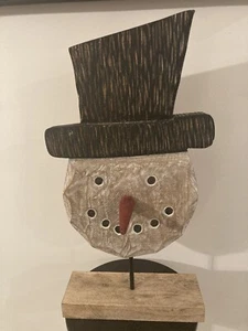 Rustic Farmhouse Wooden Christmas Snowman Head On Stand Made In India  - Picture 1 of 6