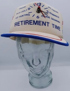 Vintage 3 Streifen Trucker Mütze Kappe Druckknopflasche 1980er Ruhestand Zeit Uhr beige USA - Bild 1 von 7