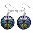Blue Dragonfly Earrings Faux Stained Glass Art Print Silver Charm Dangle