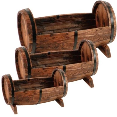 3er-Set Holz Übertöpfe Pflanzfässer Deko Blumentopf Dekofässer Gartendeko Holz - Bild 1 von 2