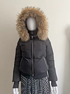 £1000 Mackage Black Down Puffer Jacket with Real Fur-Trimmed Hood – Size S/P - Picture 1 of 24