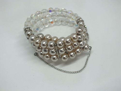 OFF WHITE Bellissimo Bracciale Avvolgente Strass Trasparente AB Off White Finte Perle Catena Sicurezza