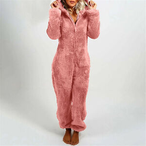 Womens Winter Warm Soft Fluffy Fur Fleece Hooded All In One Jumpsuit 1Onesie