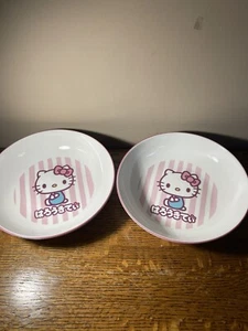 NEW Pair Of Hello Kitty Ceramic Bowls by Sanrio White with Pink Stripes Bows 9” - Picture 1 of 6