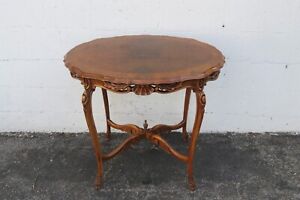 French Early 1900s Hard Carved Walnut Inlay Side End Center Table 3989