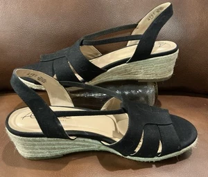 Abella True Comfort Women’s Black Canvas Strappy Slip On Wedge Sandals Size 10M - Picture 1 of 4