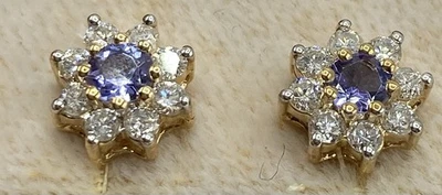 14K Gold Tanzanite Diamond Cluster Stud Earrings Flower 4.4mm Jewelry Pierced - Image 1 of 4