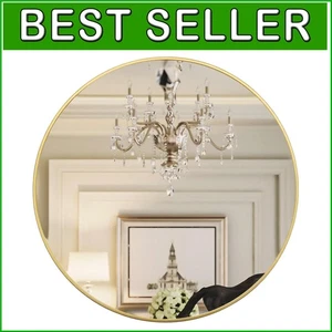 Durable Gold Round Mirror - 24-Inch Metal Framed Bathroom & Living Room Decor - Picture 1 of 9