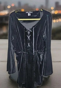 VTG Spin Doctor Black Velvet Gothic Witch Lace Up Bell Sleeve Dress Size L - Picture 1 of 16