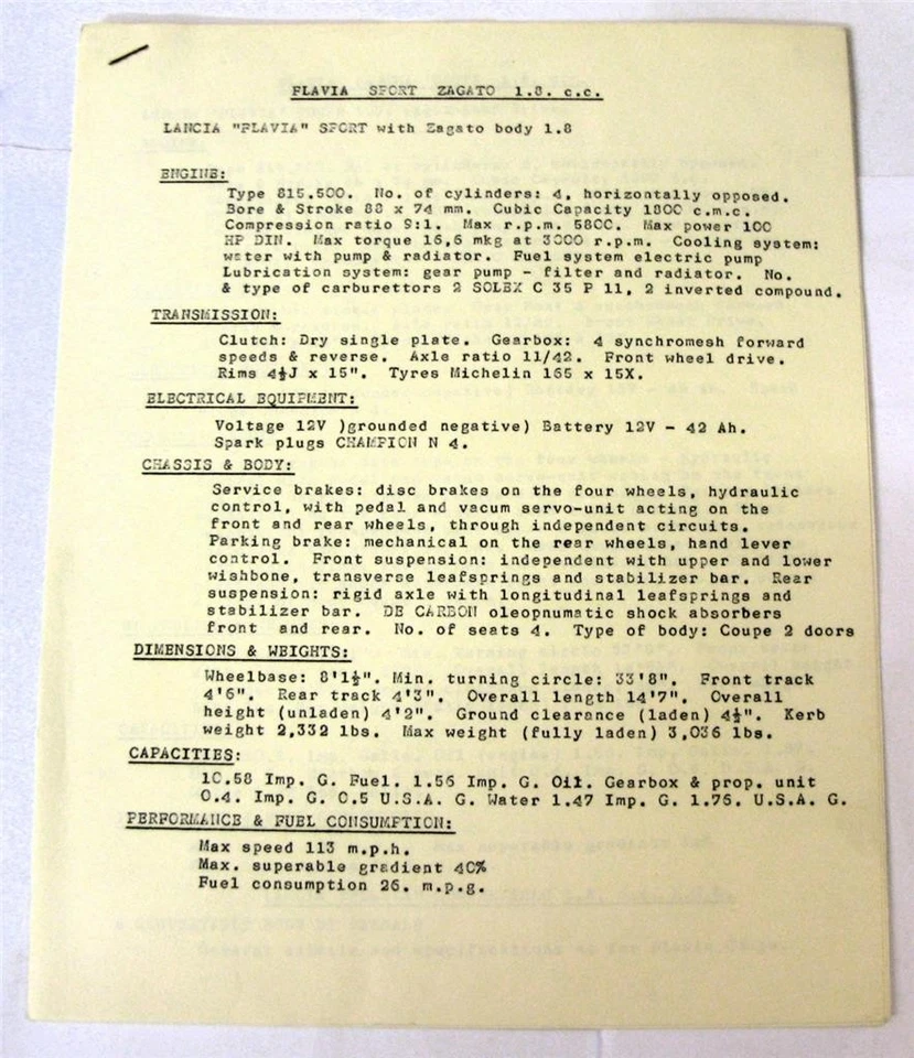 Hoja de especificaciones de coche LANCIA FLAVIA Zagato + Farina cupé + berlina estándar Foto 1 de 4