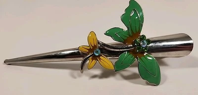 Vtg 90s LG Enamel Butterfly Green Yellow Rhinestones Alligator Silver Hair Clip  - Image 1 of 4
