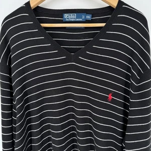 Polo Ralph Lauren V Neck Sweater Mens 2XL XXL Black White Striped Cotton Pony - Picture 1 of 5