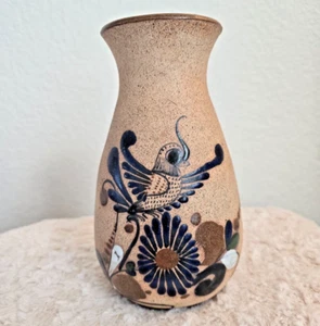 VTG Tonala Mexican Folk Art Pottery Hand Painted Bird Flower Sandstone Vase 8" - Picture 1 of 8