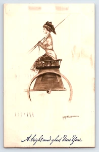 Postal antigua firmada por artista de Año Nuevo Pretty Lady on Chariot de 1910 - Imagen 1 de 2