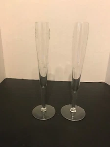2 Vintage Clear Etched Glass Bud Vase With Flower And Leave Design 10” Tall - Picture 1 of 4