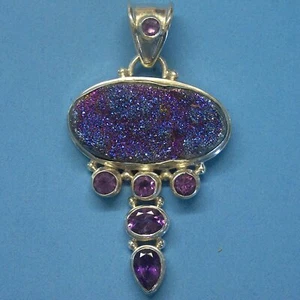 P572 Sterling Silver Purple Druzy Quartz Amethyst 2.6"Pendant Charm New Solid925 - Picture 1 of 6