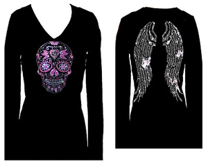CAMISETA MANGA LARGA TODO ESTRÁS CALAVERA DE AZÚCAR ALAS DE ÁNGEL BLING CUELLO EN V - Imagen 1 de 3