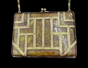 ANTIQUE EA BLISS Celluloid Faux Tortoise CIGARETTE CASE PURSE SIGNED CHAIN STRAP - Picture 1 of 13