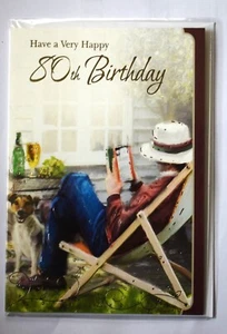 Happy 80th Birthday Karte Relaxen auf Liegestuhl mit Weinlesen Jack Russel - Bild 1 von 3
