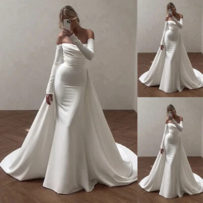 Elegant Satin Mermaid Wedding Dresses Long Sleeves Detachable Train Bridal Gown - Image 1 of 4