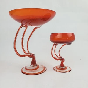 Hand-Blown Josefina Krosno Poland Swirl Orange Jellyfish Octopus Glass Set - Picture 1 of 10