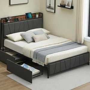 Queen Size Upholstered Bed Frame Platform W/2 Storage Drawers & Charging Station - Picture 1 of 10