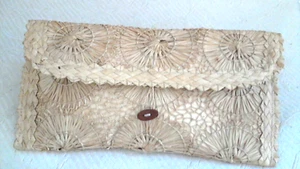 Straw Woven Clutch Bag 12" x 6" Wood Butt Closure Lined in Crm Fabric Excell Con - Picture 1 of 4