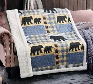 Virah Bella - Black Bear Plaid - Quilted Sherpa Throw Blanket - 50"x60" - Picture 1 of 5