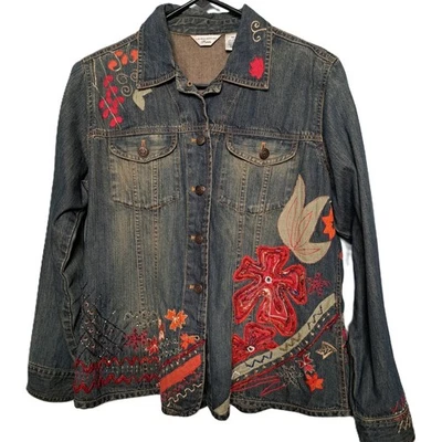 Laura Ashley 女式蓝色酸洗刺绣牛仔红色花朵夹克小号 M — 第 1/4 张图片
