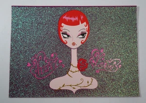 Rose Samt Füchsin Blanko Retro Sexy Puppe Glitzer FLAUM Grußkarte - Bild 1 von 8