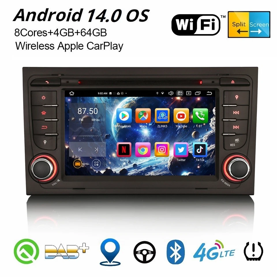 8-Core Android 14 Car Stereo For Audi A4 S4 SEAT EXEO 64GB DAB+ CarPlay DVD Navi - Image 1 of 4