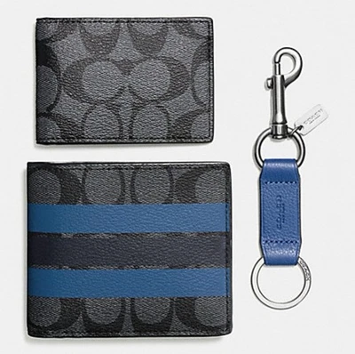 Coach Boxed 3 In 1 Men Wallet in Signature Canvas With Varsity Stripe & Key Fob - Image 1 of 4