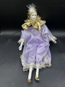 🃏VTG 17" Harlequin Mardi Gras Jester Clown Porcelain Doll Gold,Plum Lame.Posing - Picture 1 of 7